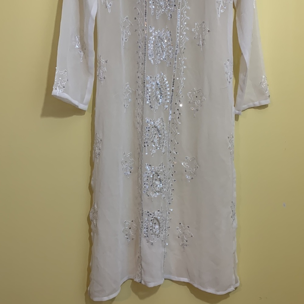 Tokyo Denem White Embroidered Sequin Sheer Long Sleeve Tunic Kimono Dress M - Picture 4 of 17